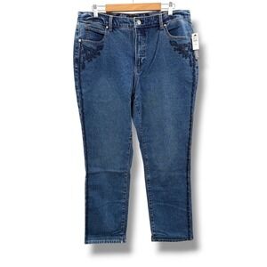 Talbots Straight Leg Jeans Womens 16W Blue Embroidered High Rise Medium Wash NEW